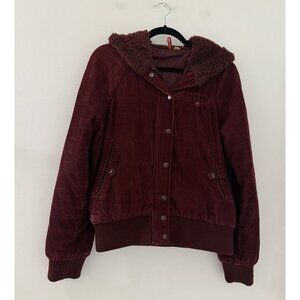 Vintage H&M Divided Women's Maroon Corduroy Hooded Bomber jacket Size 12 Y2K